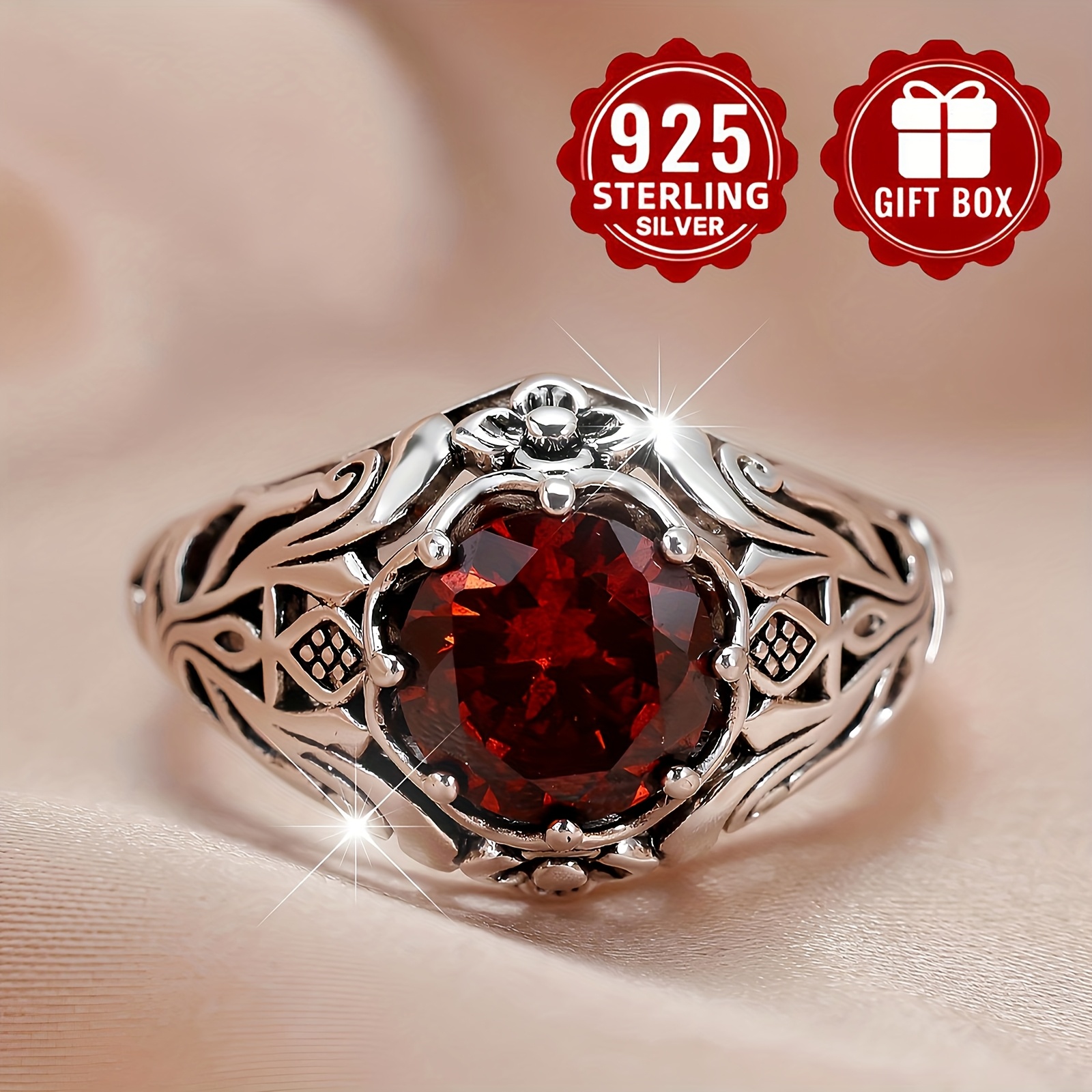 Vintage Floral Hollow Ring, Hypoallergenic Red Zirconia Ring